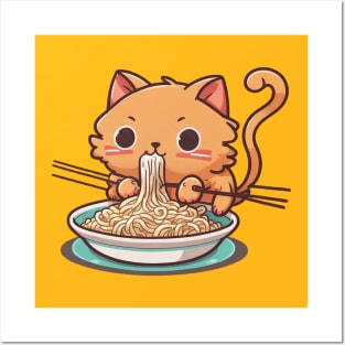 Kawaii Sweet Cat Eating Spaghetti Posters and Art